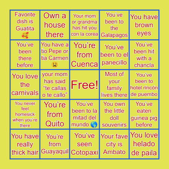 Ecuadorian bingo 🇪🇨 Bingo Card