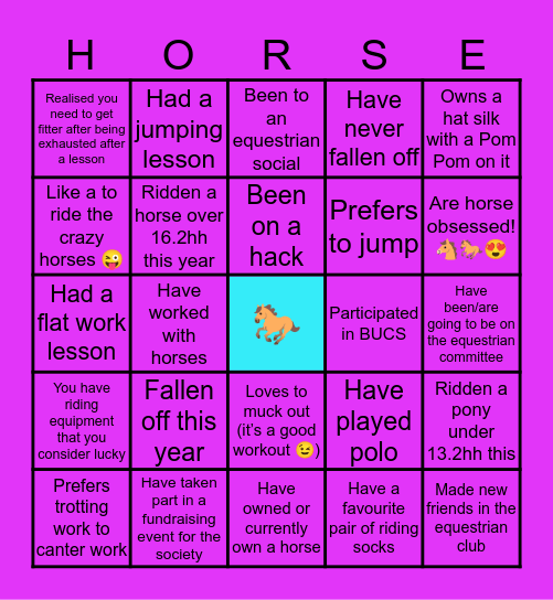 Sussex Equestrian “horse” Bingo Card