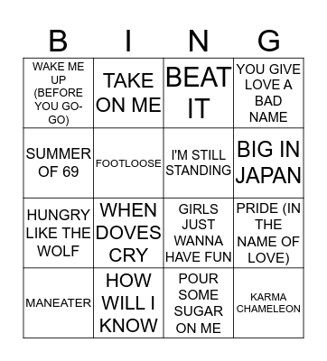 80's HITS Bingo Card
