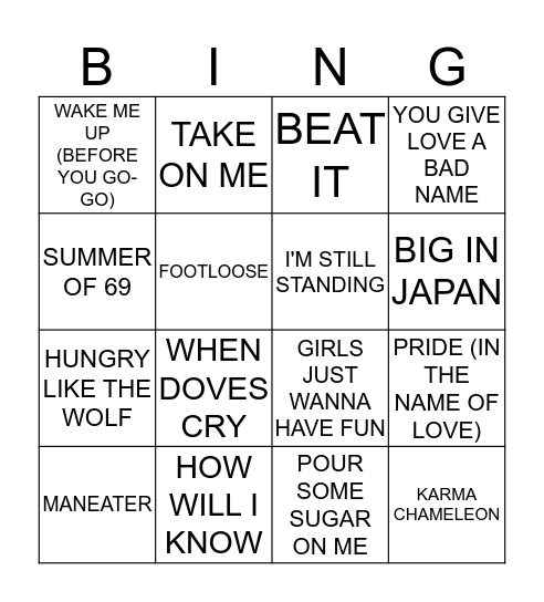 80's HITS Bingo Card