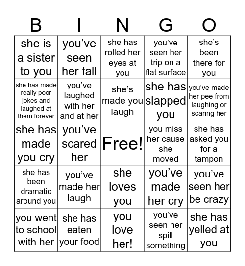 Being Gabby’s friend bingo Card
