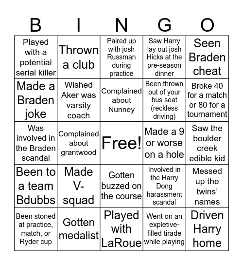 Solon Golf ‘19-‘20 Bingo Card