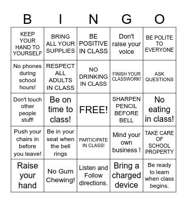 Class Rules & Regulations Bingo Card