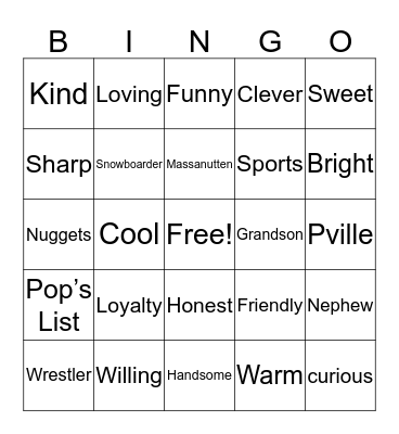 Pop's Description of the Birthday Boy Bingo Card