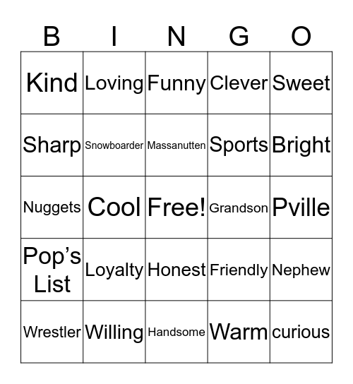 Pop's Description of the Birthday Boy Bingo Card