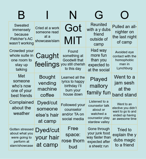 YDubs Bingo Card