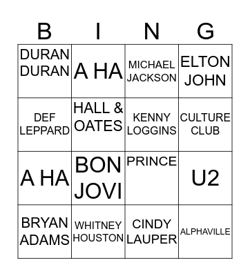 80's HITS Bingo Card