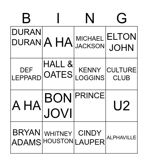 80's HITS Bingo Card