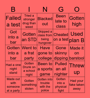 College Bingo Card