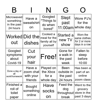 Quarantine BingoWorn the same clothes for 2 or more days in a row Bingo Card