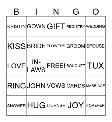 KRISTIN'S BRIDAL SHOWER Bingo Card