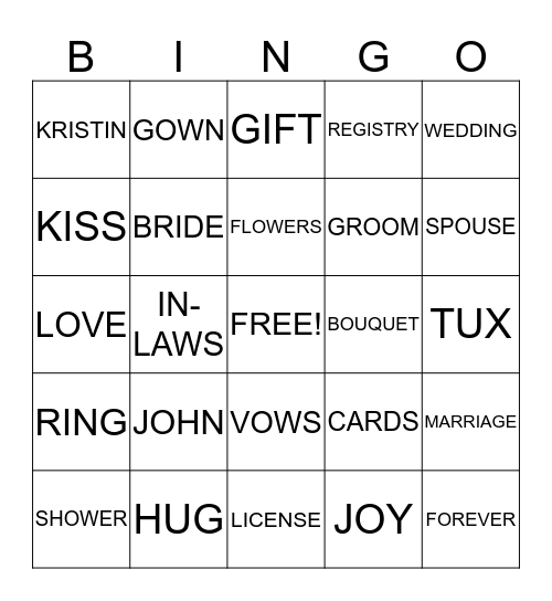 KRISTIN'S BRIDAL SHOWER Bingo Card