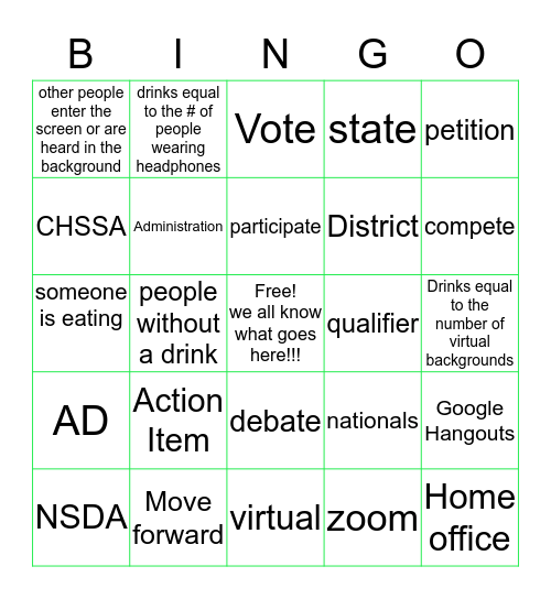 Speech and Debate Committee Bingo Card