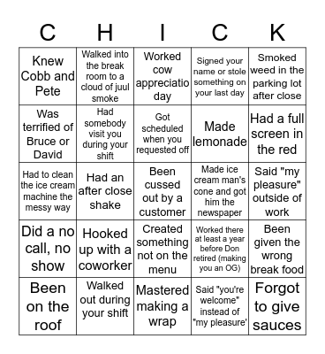 Chick Fil A Worker Bingo Card