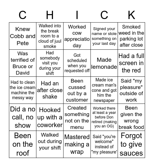 Chick Fil A Worker Bingo Card