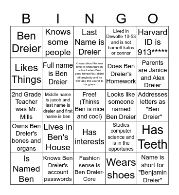 Ben Dreier Bingo Card