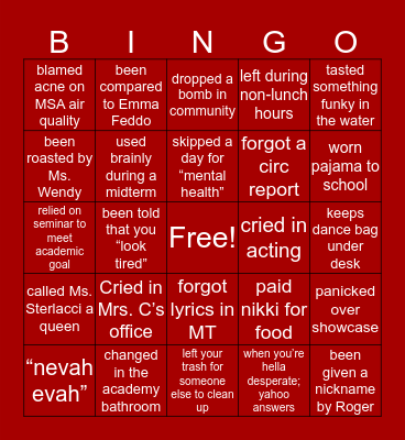 Academy Bingo Card
