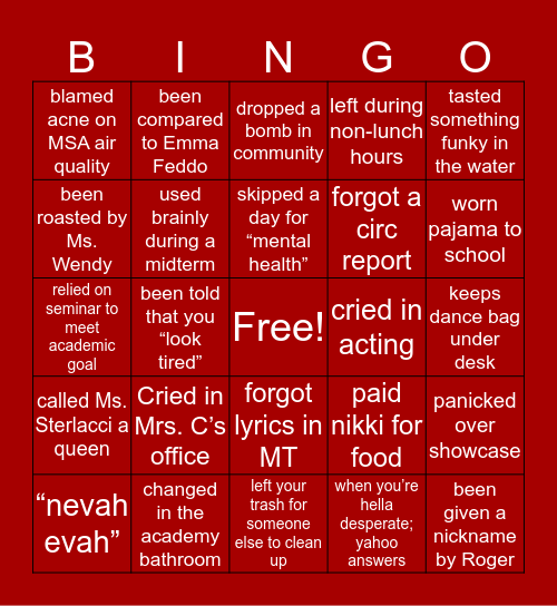 Academy Bingo Card