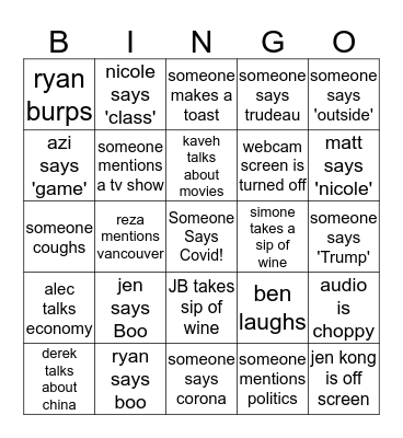 Covid Group Bingo Card