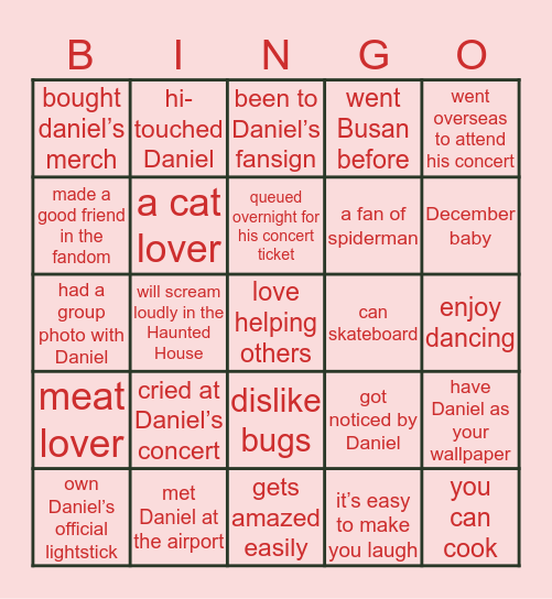 KANG DANIEL’S BINGO 🐾 Bingo Card