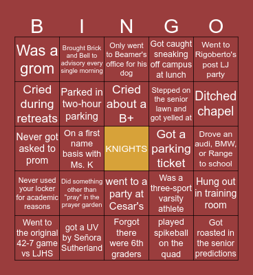Bishop's Bingo Card