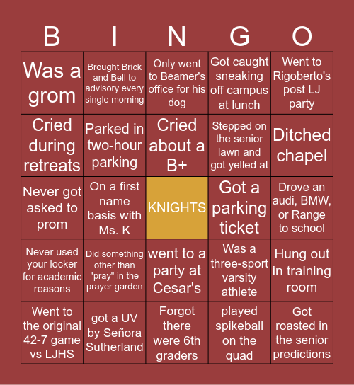 Bishop's Bingo Card