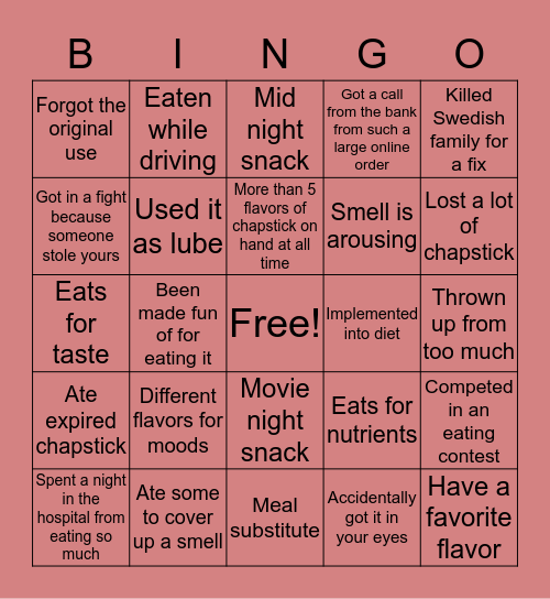 Eating Chapstick Bingo Card