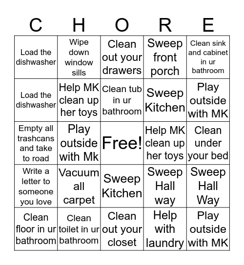 JT's Chore Bingo Card