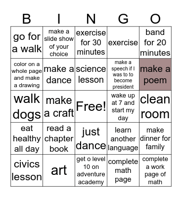 school bingo Card