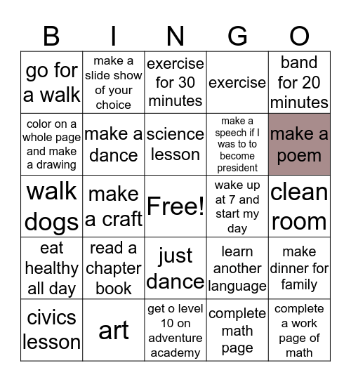 school bingo Card