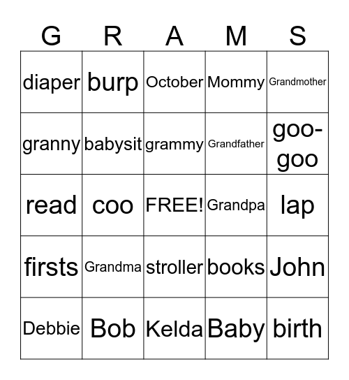 Grandma's shower Bingo Card