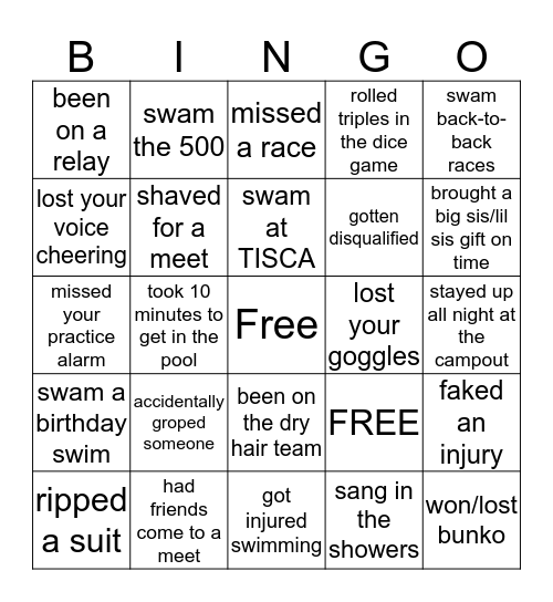 Amchs Swimming Bingo Card