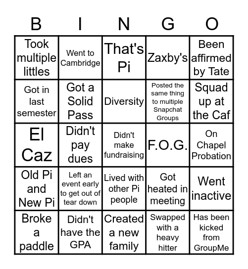 Pi Kappa Pi Bingo Card