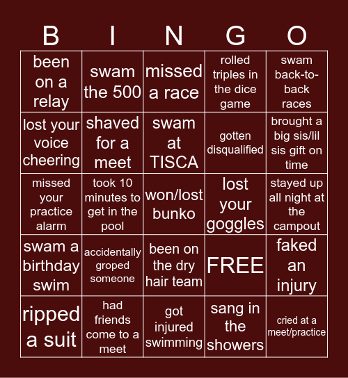 Amchs Swimming Bingo Card
