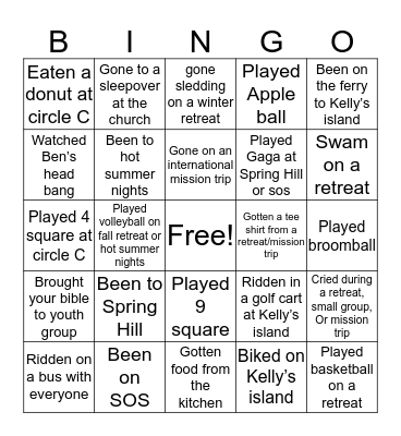 Fellowship Bible Youth Bingo Card