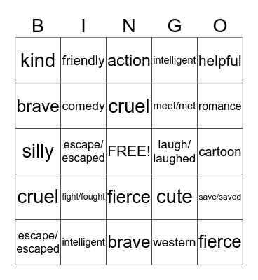 Movie Adjectives/Verbs Bingo Card