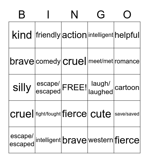 Movie Adjectives/Verbs Bingo Card
