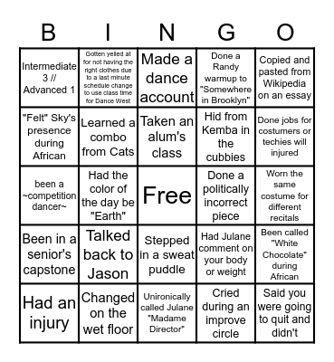 ACMA DANCE BINGO Card