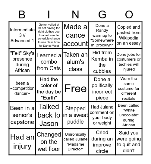 ACMA DANCE BINGO Card