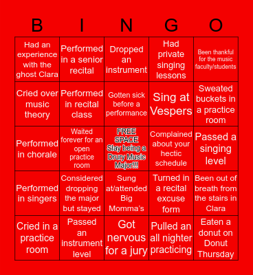 Drury Music Major Bingo Card