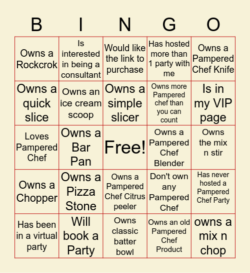 Pampered Chef Bingo Card