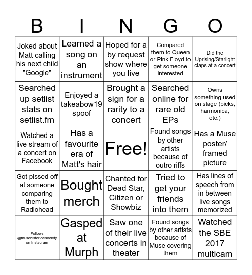 Muser Bingo Card