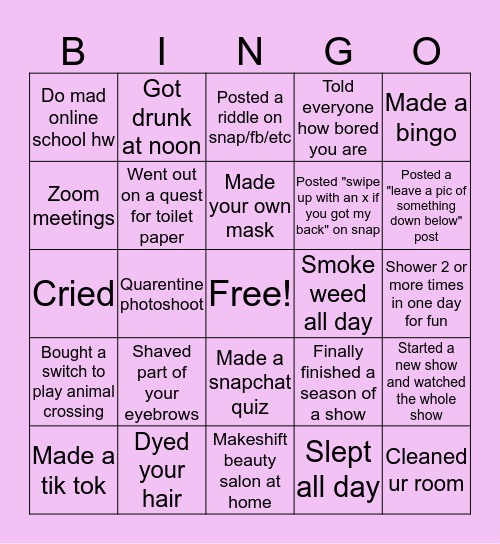 Quarentine Bingo Card