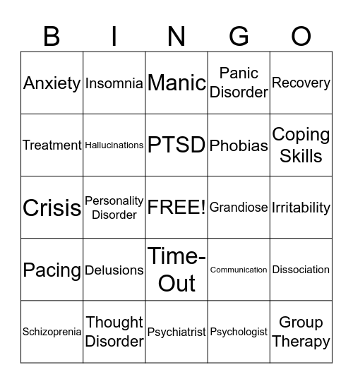 Mental Illness Bingo Card