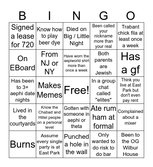 Delaware AEPi Bingo Card