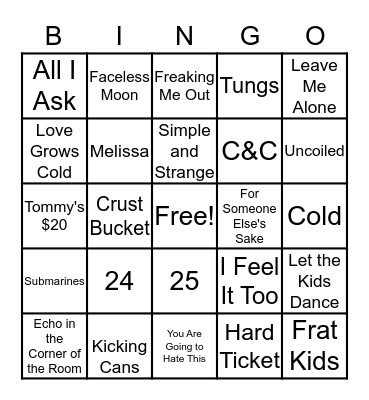 The Frights Bingo, Baby Bingo Card