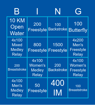 CBAC - Olympic Swimming Events Bingo Card