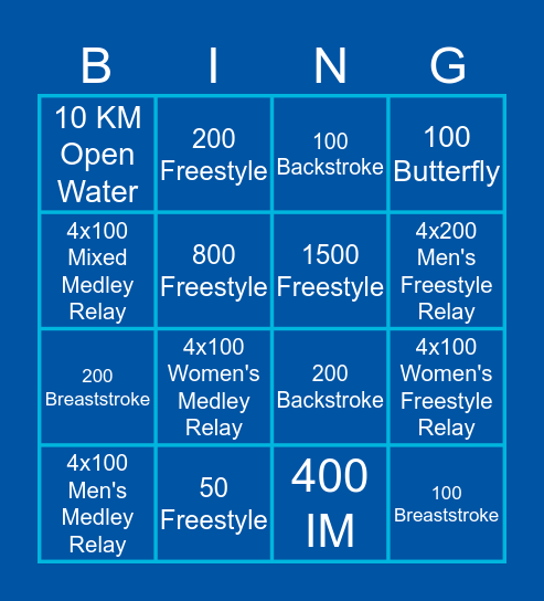 CBAC - Olympic Swimming Events Bingo Card