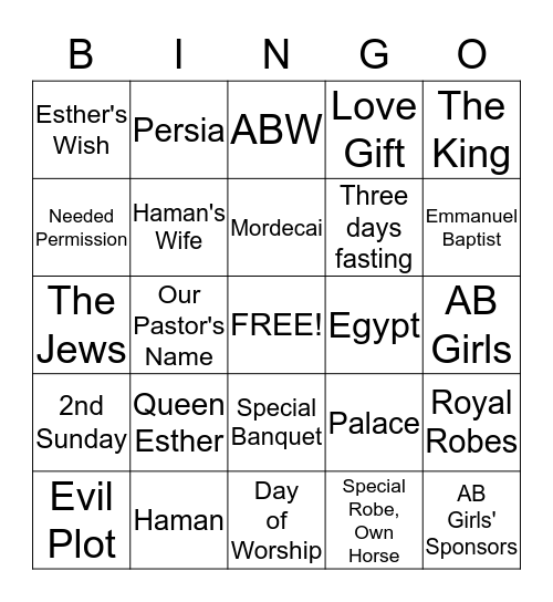 Queen Esther Bingo Card