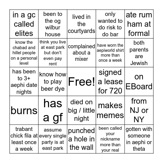 Delaware AEPi Bingo Card